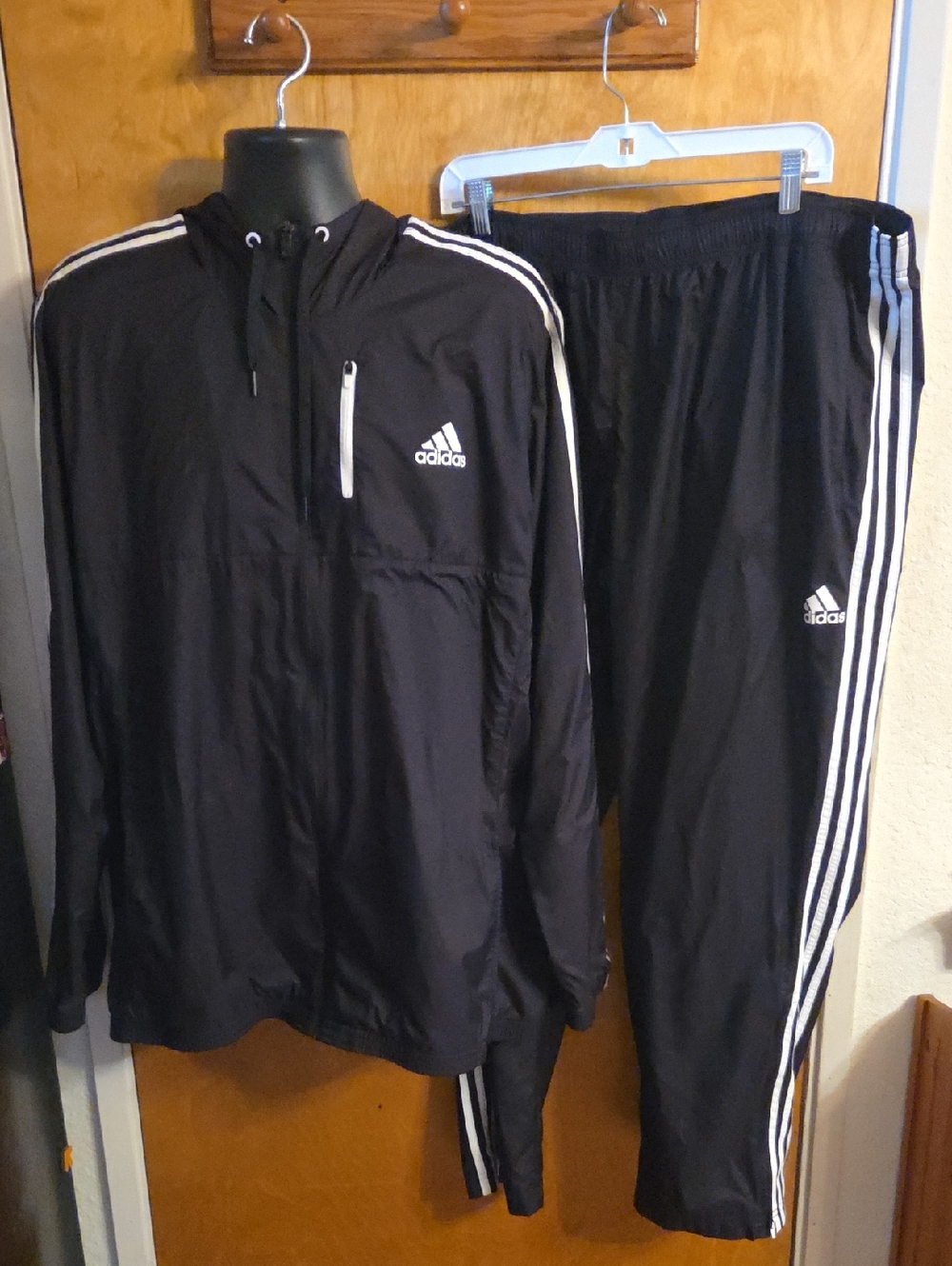 adidas Black Windbreaker Track Jacket and Pants Set with White Stripes Size 2XLT